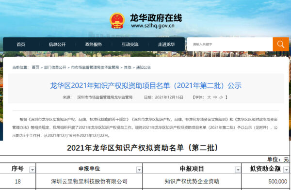 创新驱动，制度引领 | 云里物里被认定为“深圳市龙华区2021年知识产权优势企业”