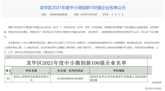 实力认可 | 云里物里连续五年被认定为“龙华区中小微创新100强企业”
